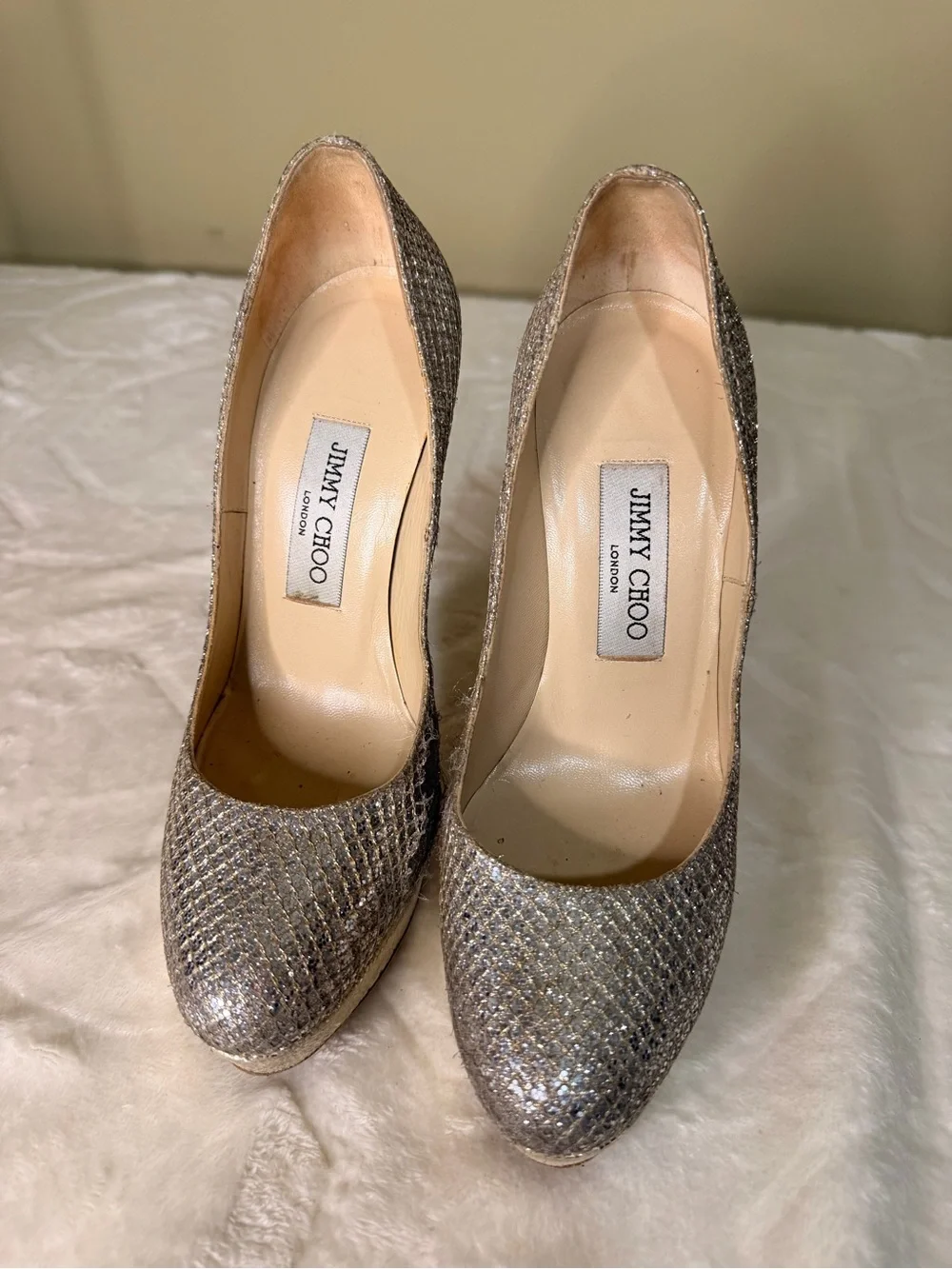 Jimmy Choo Silver Glitter High Heel Pumps